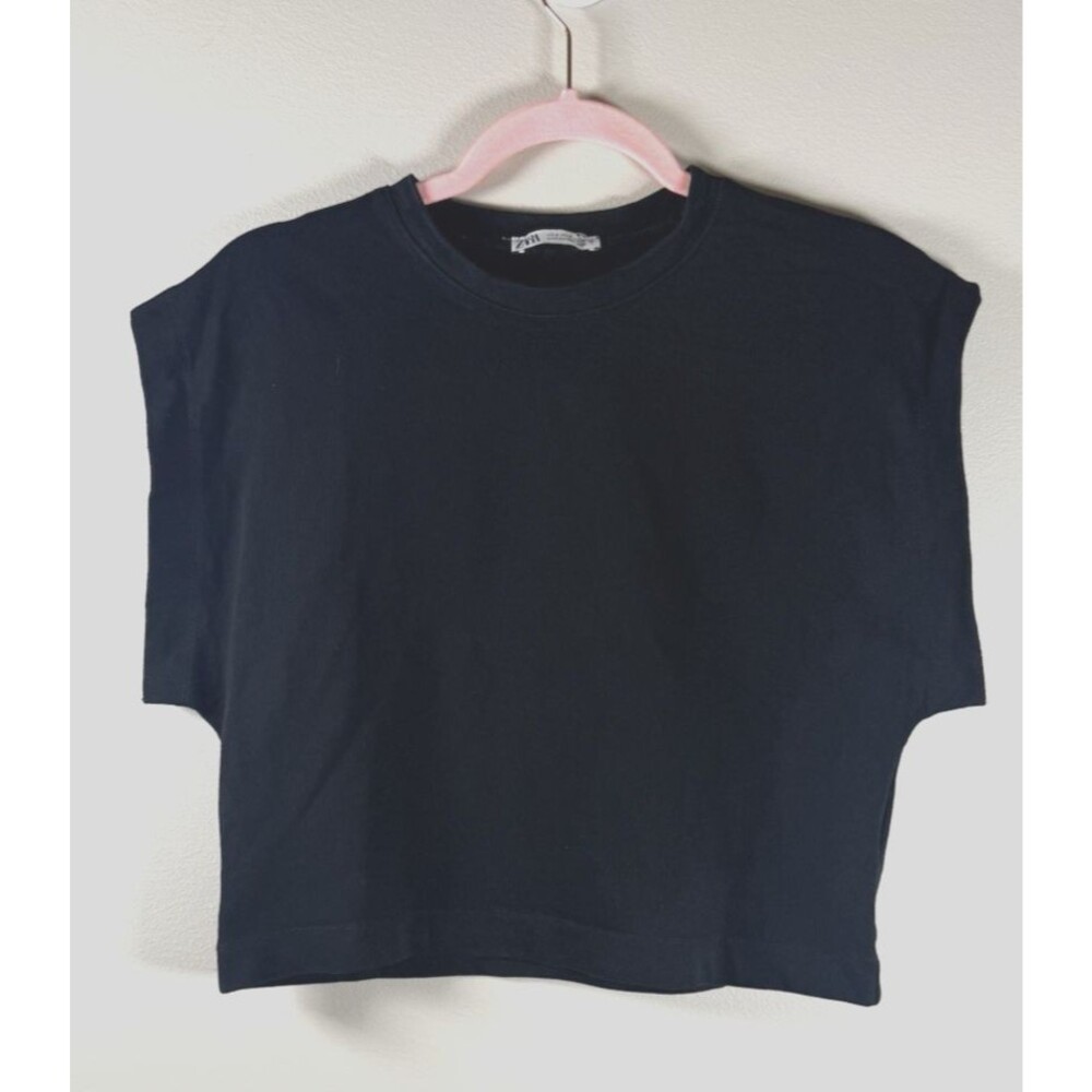 ZARA Womens Black Solid Cropped Crew Neck Short Sleeve Cotton Jersey Tee - S